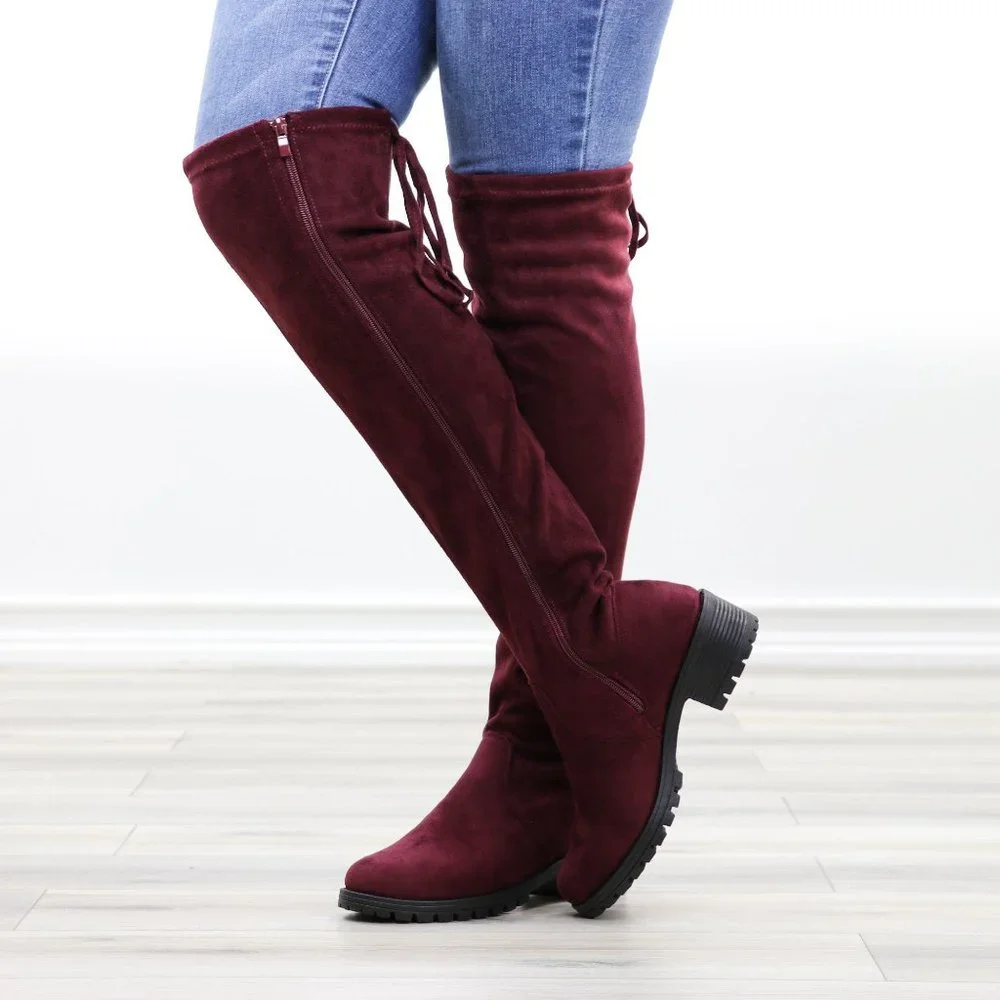 Wine Lug Sole Thigh High Boots Back Lace Tie - Picture 9 of 14